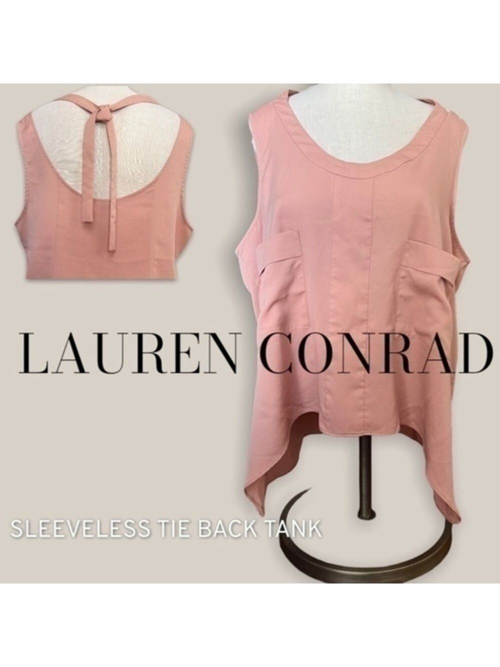 LAUREN CONRAD Pleated Satiny Bow-Back Tank Top In Rosy Clay